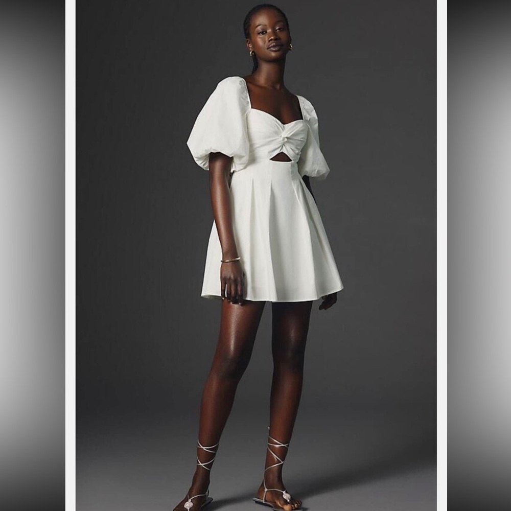 Moon River White Mini Dress with Cutout and Puffy Sleeves- Size M